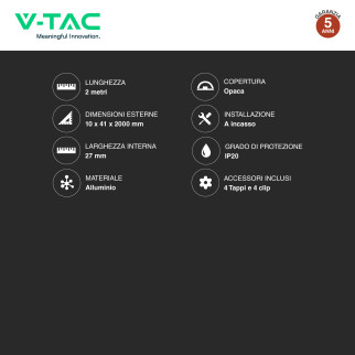 VT-8204 Profilo Piatto in Alluminio da 2m per Strisce LED V-Tac