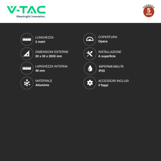 VT-8206 Profilo Piatto in Alluminio da 2m per Strisce LED V-Tac
