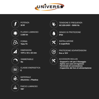 Tubo LED T5 30W SMD 150cm Linkabile in Alluminio Universo