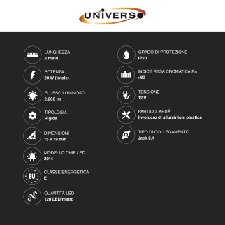 Striscia LED Rigida 20W SMD 120 LED/m 12V in Alluminio 2m Universo