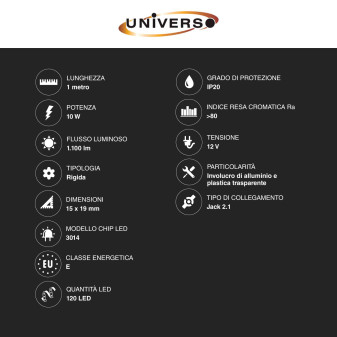 Striscia LED Rigida 10W SMD 120 LED/m 12V in Alluminio 1m Universo
