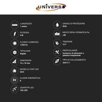Striscia LED Rigida 9W SMD 120 LED/m 12V in Alluminio 1m Universo