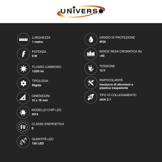 Striscia LED Rigida 9W SMD 120 LED/m 12V in Alluminio 1m Universo