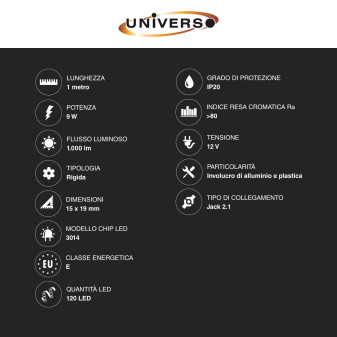Striscia LED Rigida 9W SMD 120 LED/m 12V in Alluminio 1m Universo
