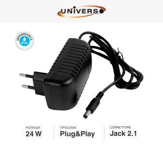 Alimentatore 24W 12V IP44 Plug&Play Jack 2.1 Colore Nero Universo