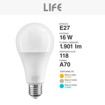 Lampadina LED E27 16W Bulb A70 Goccia Life
