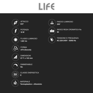 Lampadina LED E27 16W Bulb A70 Goccia Life