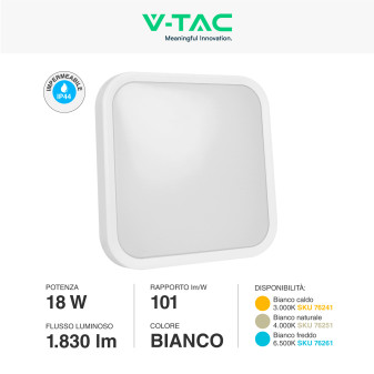 VT-8618 Plafoniera LED Quadrata 18W SMD IP44 Colore Bianco V-Tac