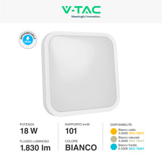 VT-8618 Plafoniera LED Quadrata 18W SMD IP44 Colore Bianco V-Tac