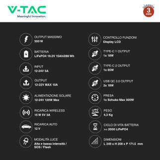 VT-303N Accumulatore Portatile LiFePO4 288Wh 300W V-Tac