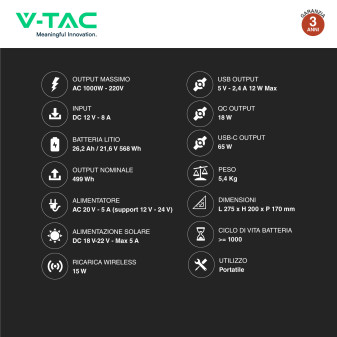 VT-606 Accumulatore Portatile al Litio 568Wh 500W V-Tac