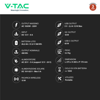 VT-606 Accumulatore Portatile al Litio 568Wh 500W V-Tac