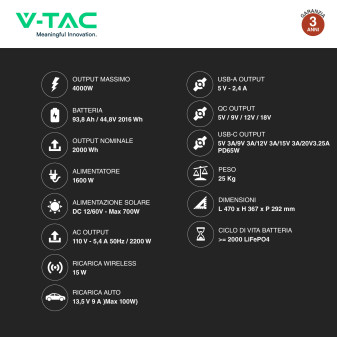 VT-2002 Accumulatore Portatile LiFePO4 2016Wh 2000W V-Tac