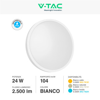 VT-8624 Plafoniera LED Rotonda 24W SMD IP44 Colore Bianco V-Tac