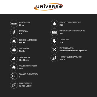 Striscia LED Rigida 6W SMD 120 LED/m 12V in Alluminio 60cm Universo