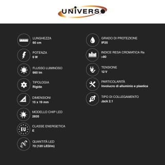 Striscia LED Rigida 6W SMD 120 LED/m 12V in Alluminio 60cm Universo