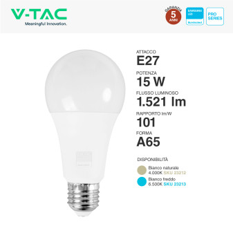 Lampadina LED E27 15W Goccia A65 SMD Chip Samsung V-Tac Pro