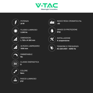 VT-7798 Lampadario LED a Sospensione 24W SMD Colore Nero V-Tac