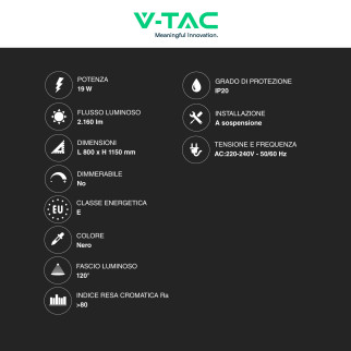 VT-7827 Lampadario LED a Sospensione 19W SMD Colore Nero V-Tac