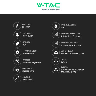 VT-10240 2 Pannelli Fotovoltaici 120W Portatili IP67 V-Tac