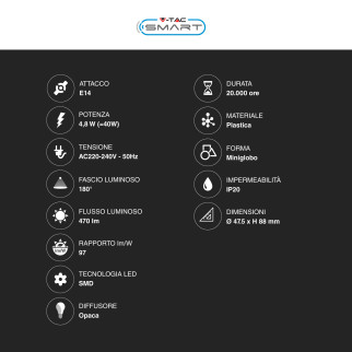 VT-2234 Lampadina LED P45 4,8W E14 RGB+W Dimmerabile V-Tac
