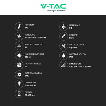 VT-844 Lampada LED da Muro 4W SMD IP65 Colore Nero V-Tac