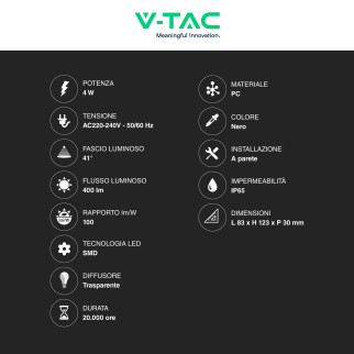 VT-844 Lampada LED da Muro 4W SMD IP65 Colore Nero V-Tac
