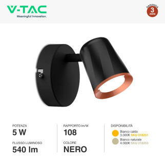 VT-806 Lampada LED da Parete 5W SMD Orientabile Nera V-Tac