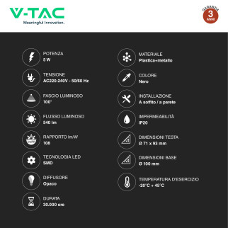 VT-806 Lampada LED da Parete 5W SMD Orientabile Nera V-Tac
