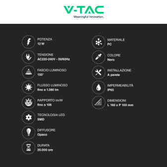 VT-828 Lampada LED da Muro 12W SMD Applique Nera IP65 V-Tac