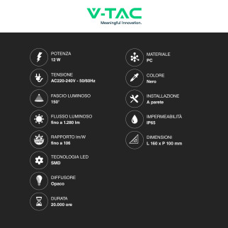 VT-828 Lampada LED da Muro 12W SMD Applique Nera IP65 V-Tac