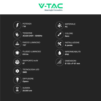 VT-831 Lampada LED da Muro 7W SMD IP65 Colore Nero V-Tac