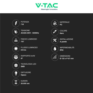 VT-831 Lampada LED da Muro 7W SMD IP65 Colore Nero V-Tac