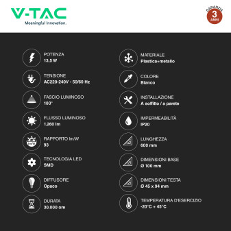 VT-813 Lampada LED da Parete 13,5W SMD Colore Bianco V-Tac