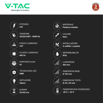 VT-810 Lampada LED da Parete 9W SMD Colore Nero V-Tac