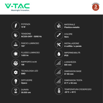VT-818 Lampada LED Parete 15W SMD Colore Nero V-Tac