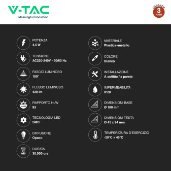 VT-805 Lampada LED Parete 4,5W SMD Orientabile Bianca V-Tac
