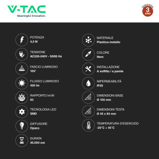 VT-805 Lampada LED da Parete 4,5W SMD Colore Nero V-Tac