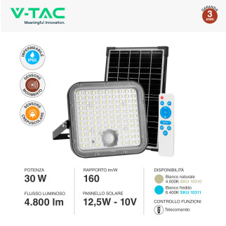 VT-432 Faro LED 30W IP65 Pannello Solare con Sensore Telecomando V-Tac