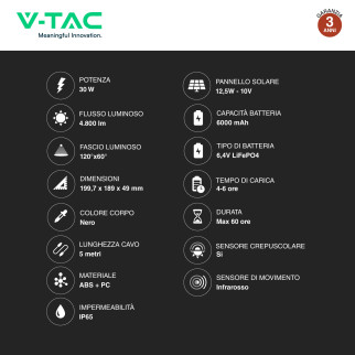 VT-432 Faro LED 30W IP65 Pannello Solare con Sensore Telecomando V-Tac