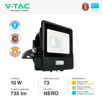 Faro LED 10W SMD Chip Samsung con Sensore IP65 VT-118S V-Tac