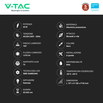 VT-128S Faro LED 20W SMD Chip Samsung con Sensore IP65 V-Tac