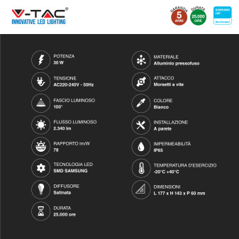 Faro LED 30W SMD Chip VT-138S Samsung con Sensore IP65 V-Tac