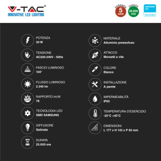 Faro LED 30W SMD Chip VT-138S Samsung con Sensore IP65 V-Tac