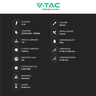 VT-820 Lampada LED Giardino 10W COB CREE Bianca IP65 V-Tac
