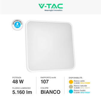 VT-8630 Plafoniera LED Quadrata 48W SMD IP44 Colore Bianco V-Tac
