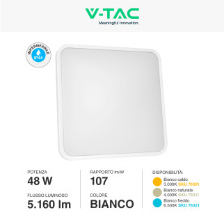 VT-8630 Plafoniera LED Quadrata 48W SMD IP44 Colore Bianco V-Tac