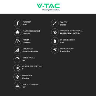 VT-8630 Plafoniera LED Quadrata 48W SMD IP44 Colore Bianco V-Tac