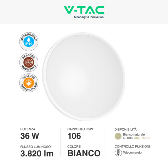 VT-8630 Plafoniera LED Rotonda 36W SMD IP44 Colore Bianco V-Tac