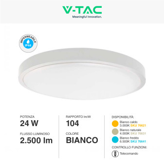 VT-8624S Plafoniera LED Rotonda 24W SMD IP44 Colore Bianco V-Tac